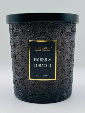 Bellevue Luxury Candle – Ember & Tobacco 12oz - Embossed Glass Jar